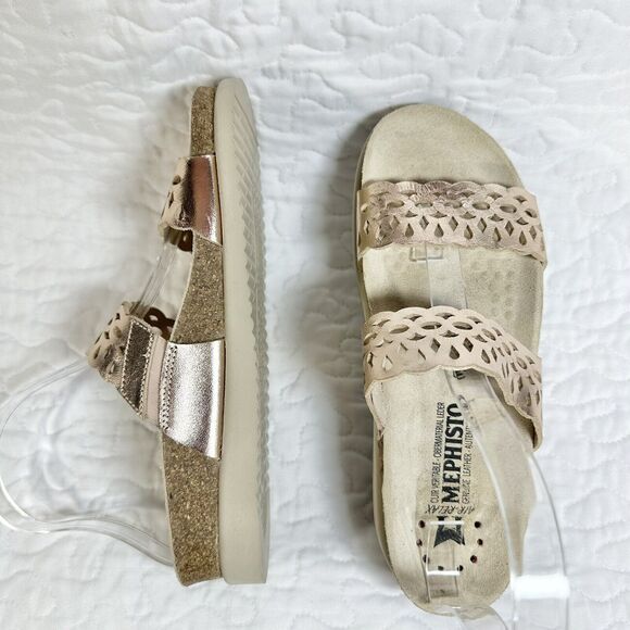 Mephisto Shoes - Mephisto Hennie Rose Gold Cork Footbed Sandals Flat Comfort Shoes Size 7 US, 37